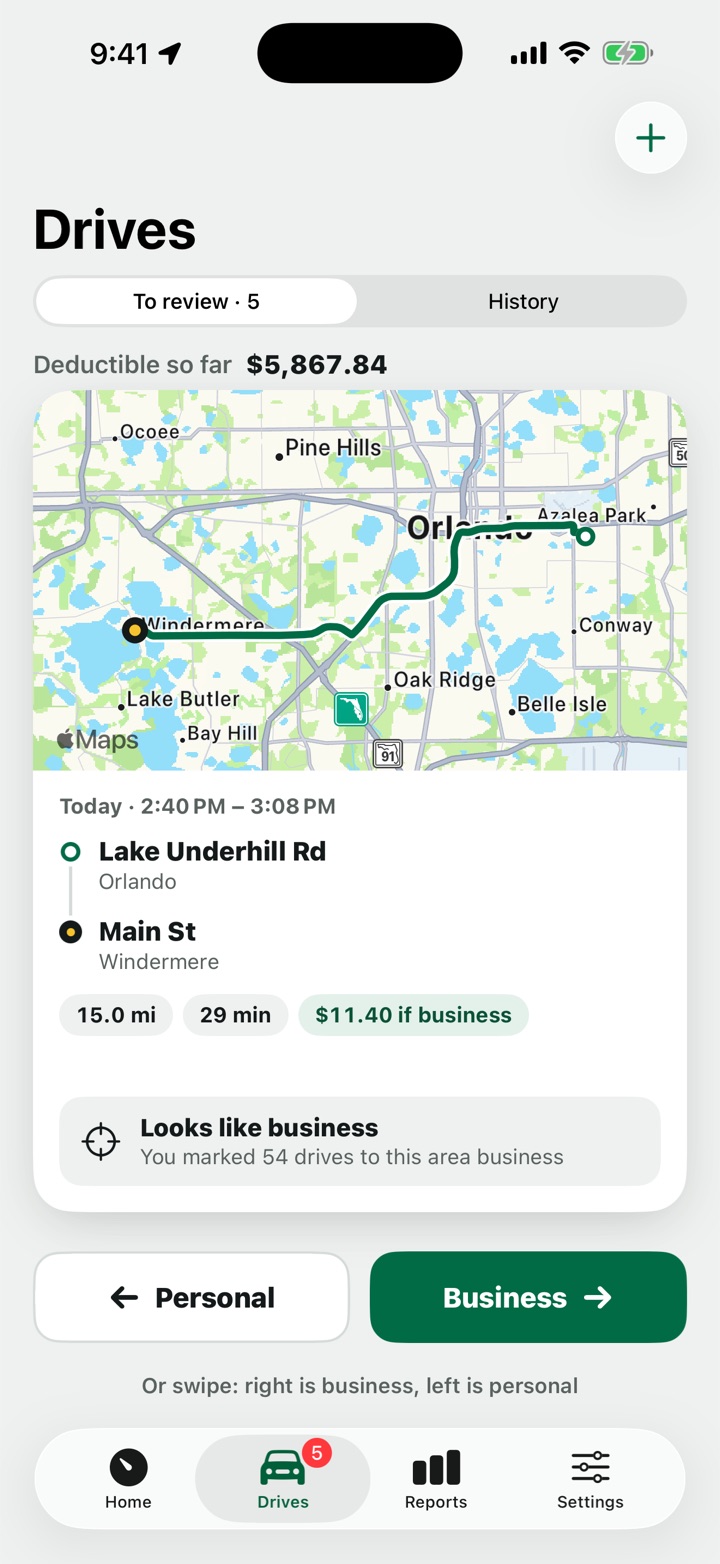 The review card for a 15-mile drive from Lake Underhill Road to Main Street, worth $11.40 if business, with Personal and Business buttons.